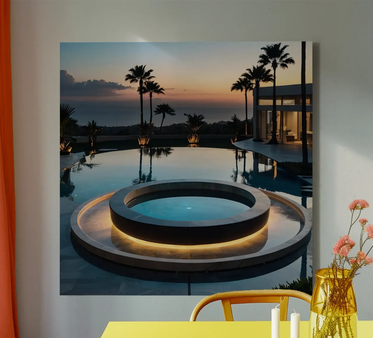 Relaxing evening at a luxurious poolside retreat with sunset canvas with Floater frame by DesignDoodle