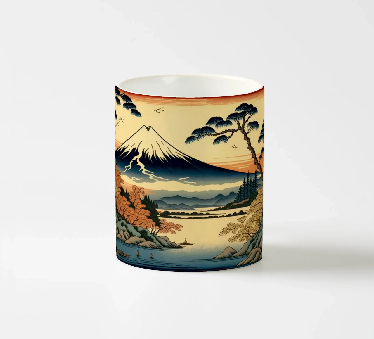 Mount Fuji berg meer water bomen pijnboom vogels boot re keramische mok van Hien T Huynh