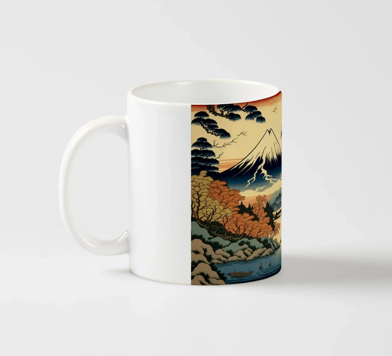 Mount Fuji berg meer water bomen pijnboom vogels boot re keramische mok van Hien T Huynh