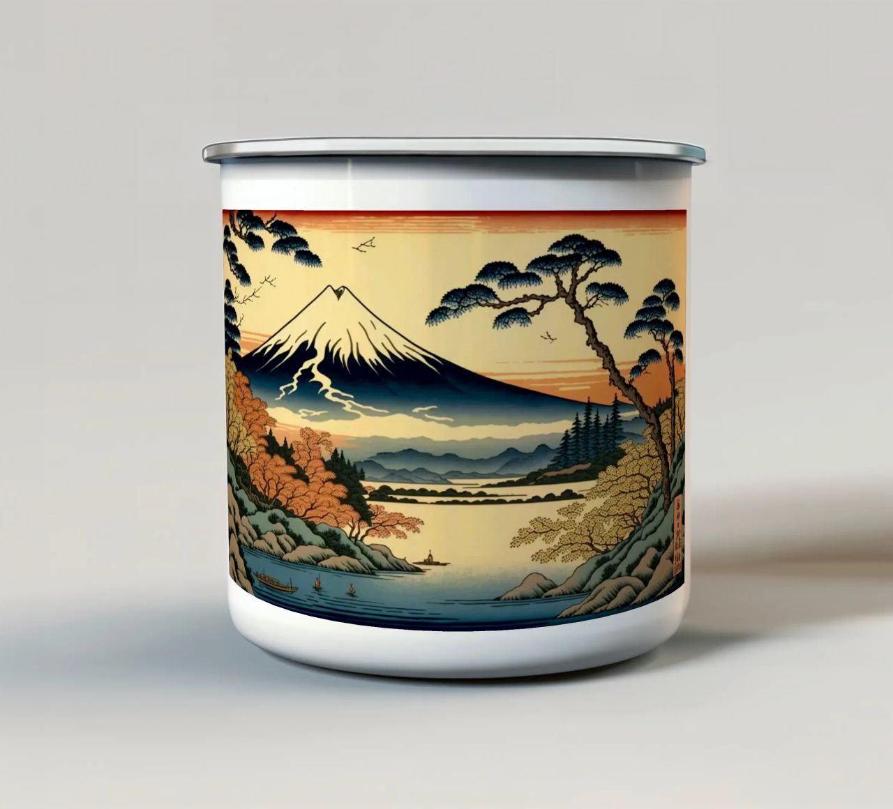 Mount Fuji berg meer water bomen pijnboom vogels boot re emaille mok van Hien T Huynh