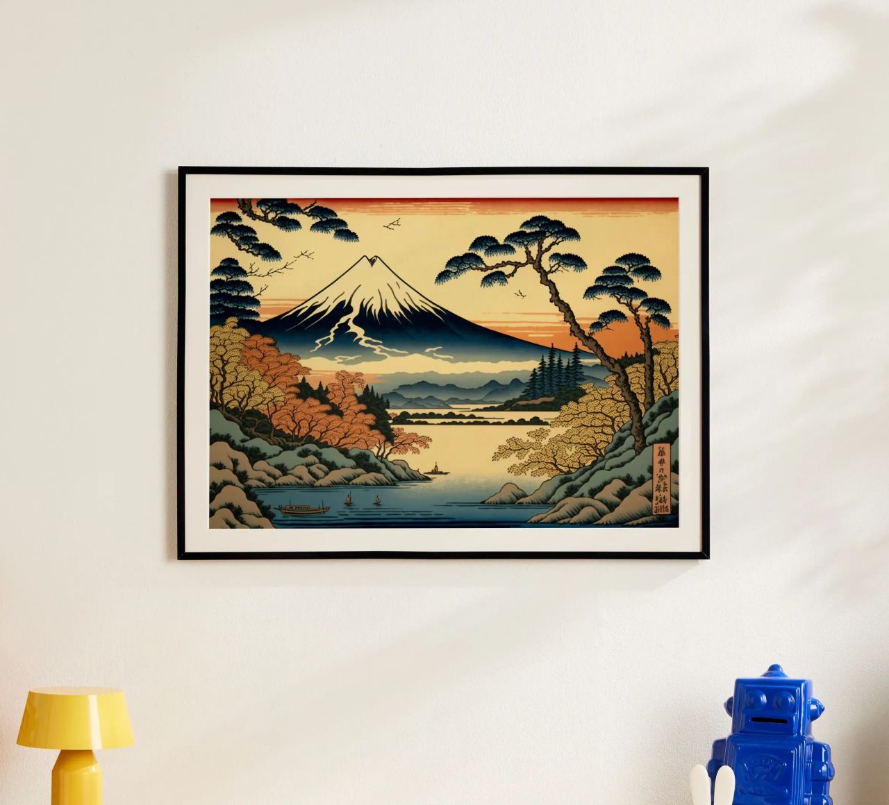 Monte Fuji montaña lago agua árboles pino pájaros barco re poster de Hien T Huynh