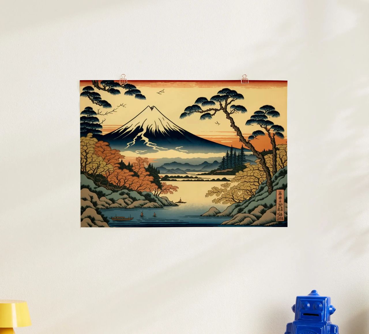 Monte Fuji montaña lago agua árboles pino pájaros barco re poster de Hien T Huynh