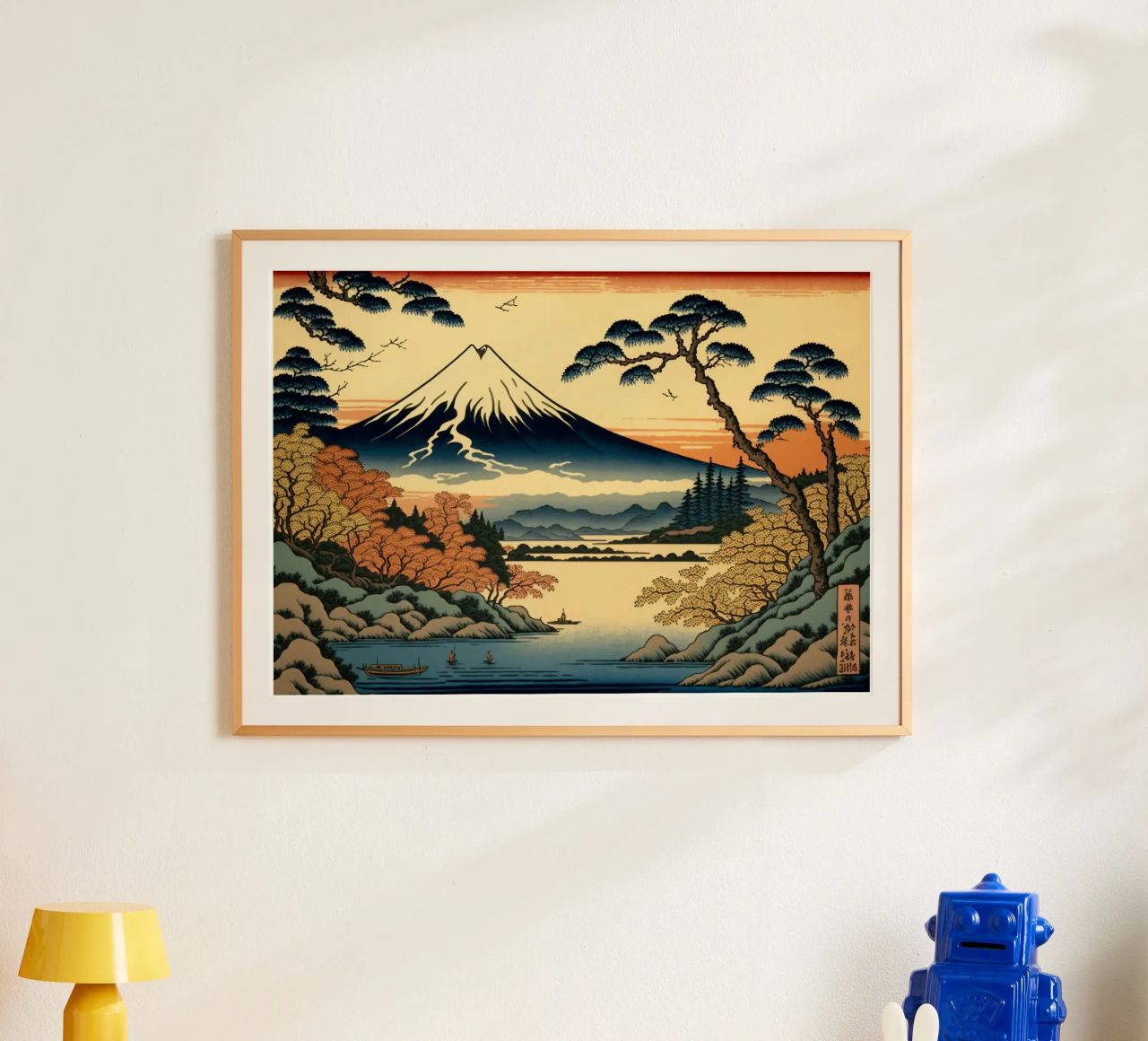 Monte Fuji montaña lago agua árboles pino pájaros barco re poster de Hien T Huynh