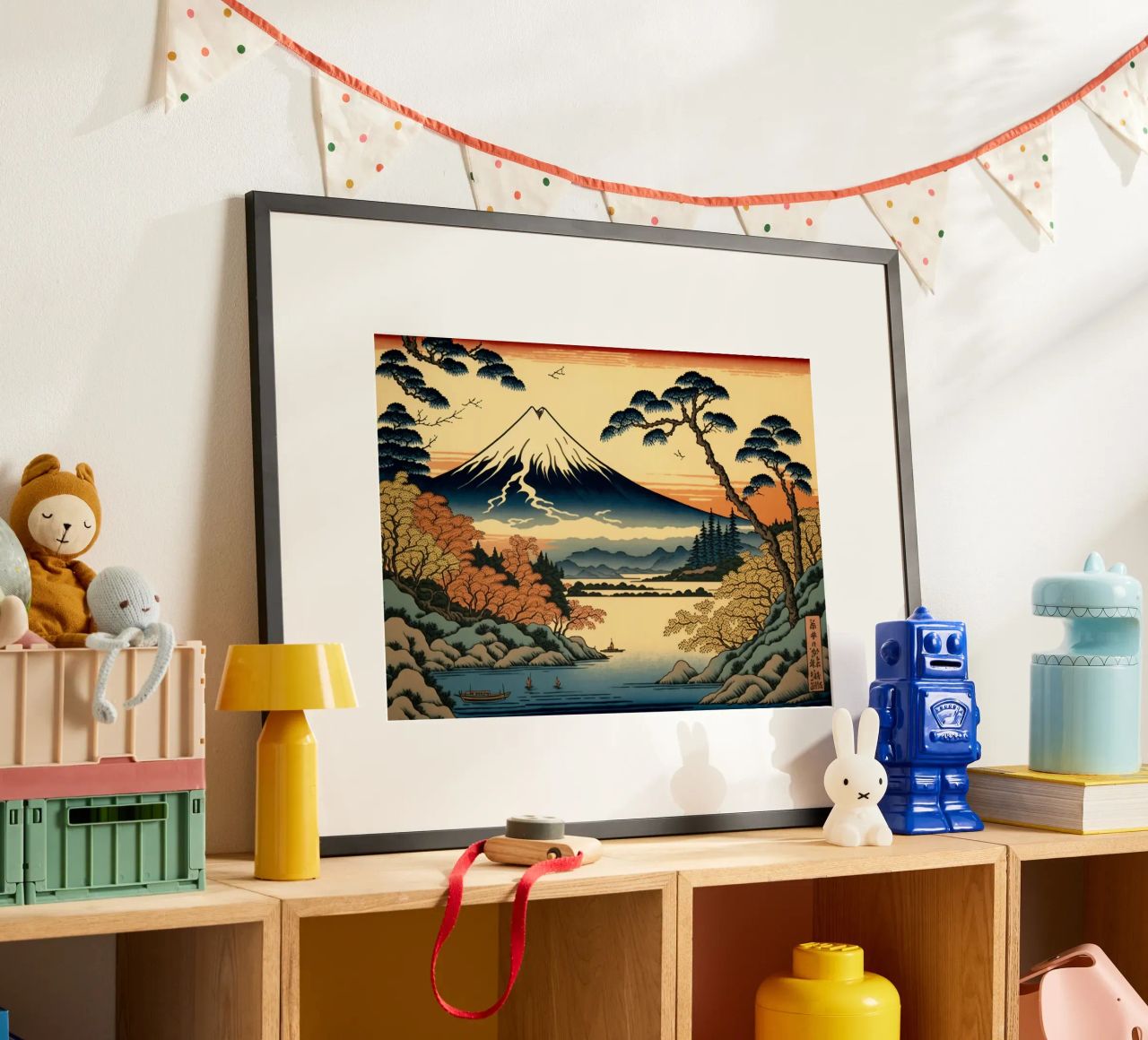 Monte Fuji montaña lago agua árboles pino pájaros barco re poster de Hien T Huynh