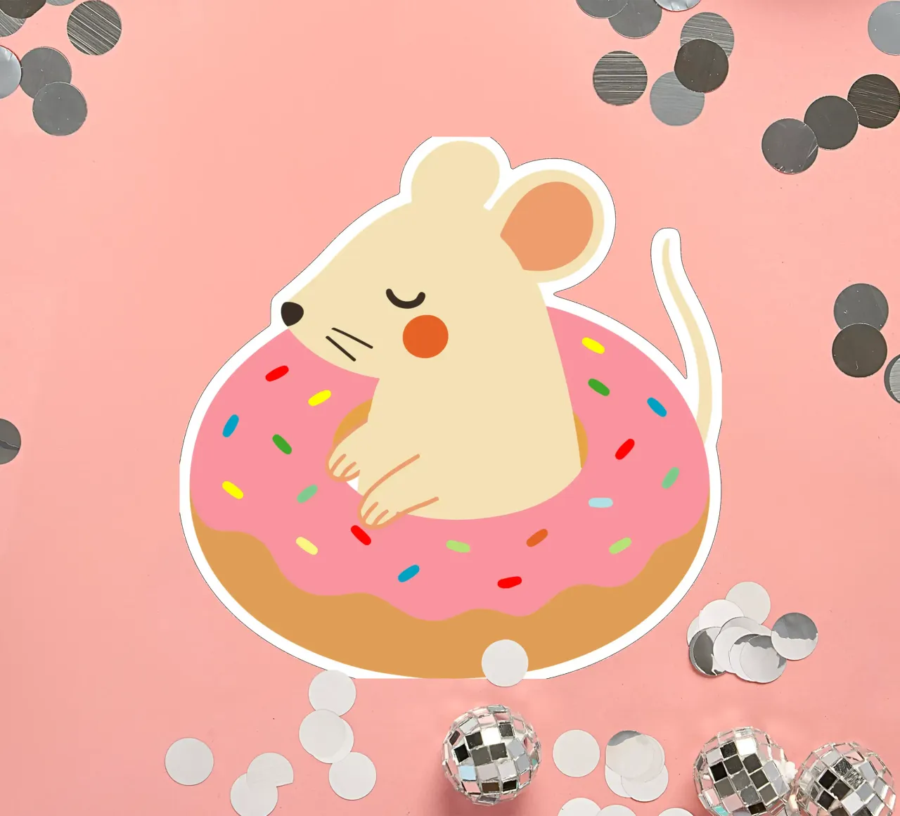 Douce souris dans un beignet - Illustration animalière ludique autocollant de namosh