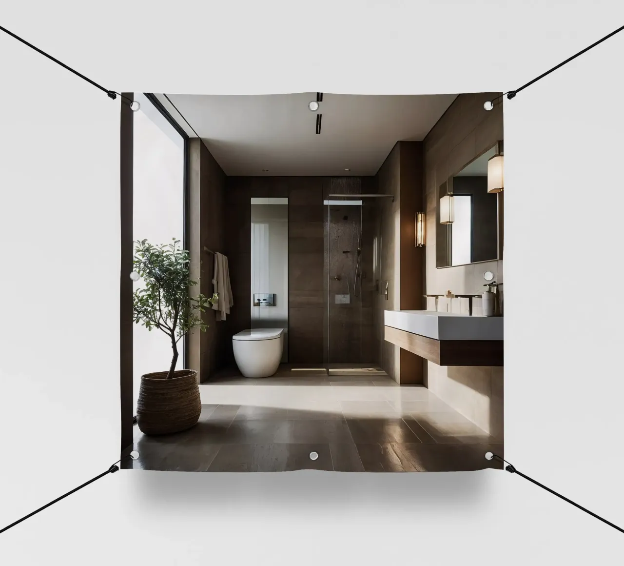 Design degli interni di un bagno moderno con luce naturale telo in pvc da DesignDoodle
