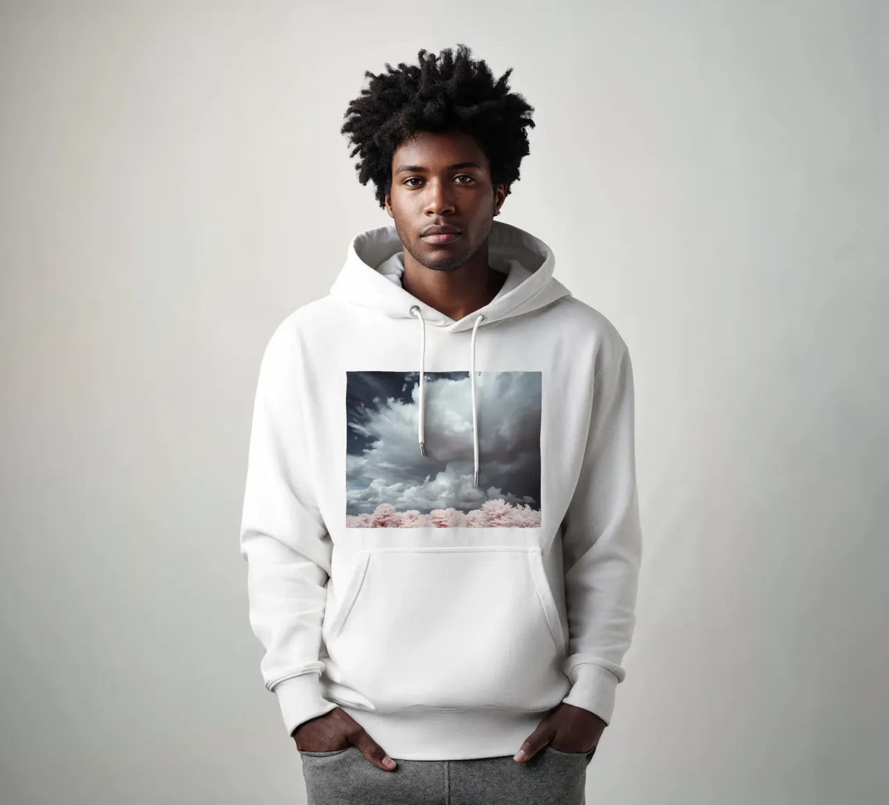 Dramatic clouds hover over pink-tinted trees in an enchantin hoodie by DesignDoodle