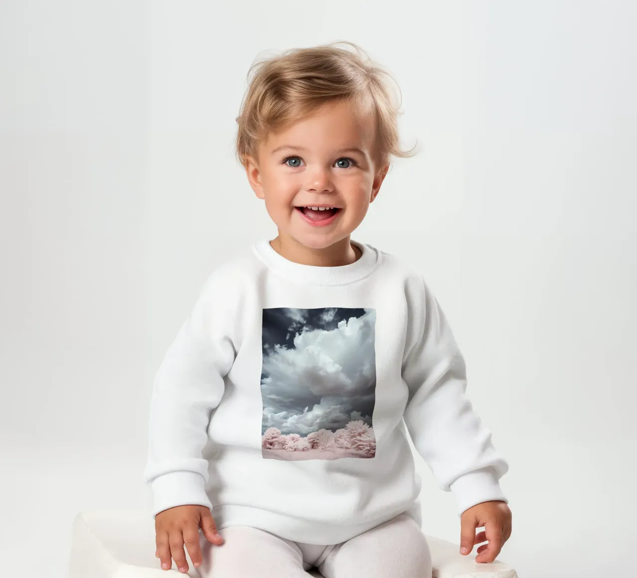 Dramatic clouds hover over pink-tinted trees in an enchantin baby sweatshirt by DesignDoodle