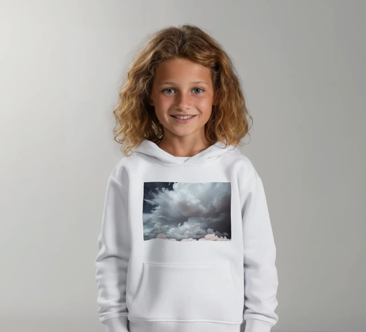 Dramatic clouds hover over pink-tinted trees in an enchantin kids hoodie by DesignDoodle