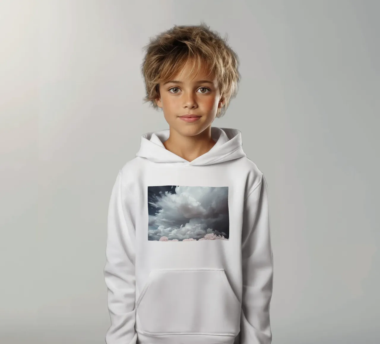 Dramatic clouds hover over pink-tinted trees in an enchantin kids hoodie by DesignDoodle