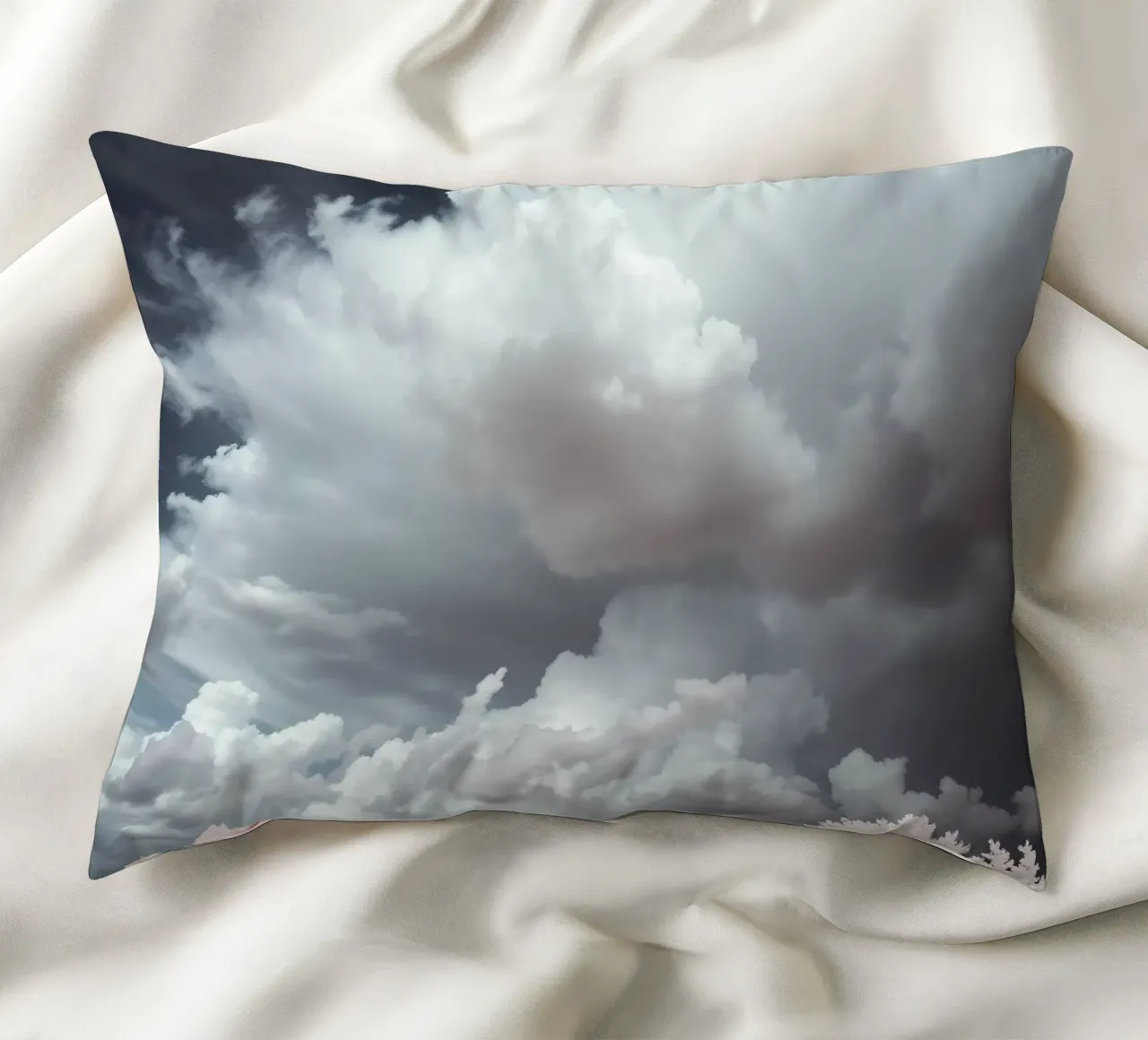 Dramatic clouds hover over pink-tinted trees in an enchantin decorative cushion by DesignDoodle