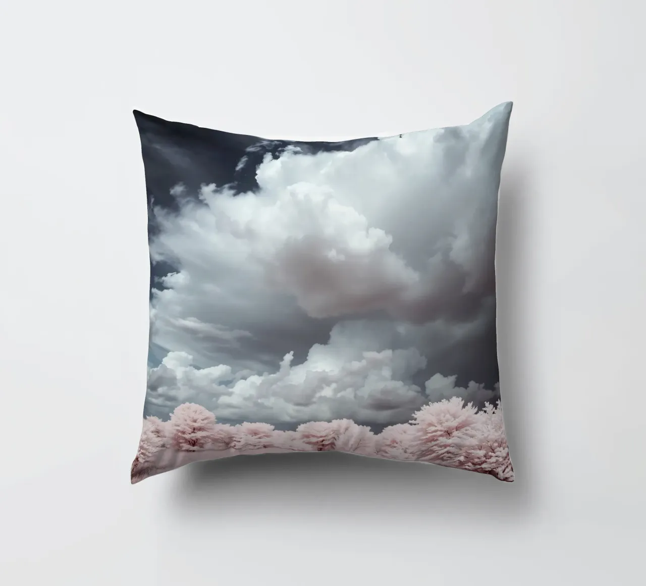 Dramatic clouds hover over pink-tinted trees in an enchantin decorative cushion by DesignDoodle