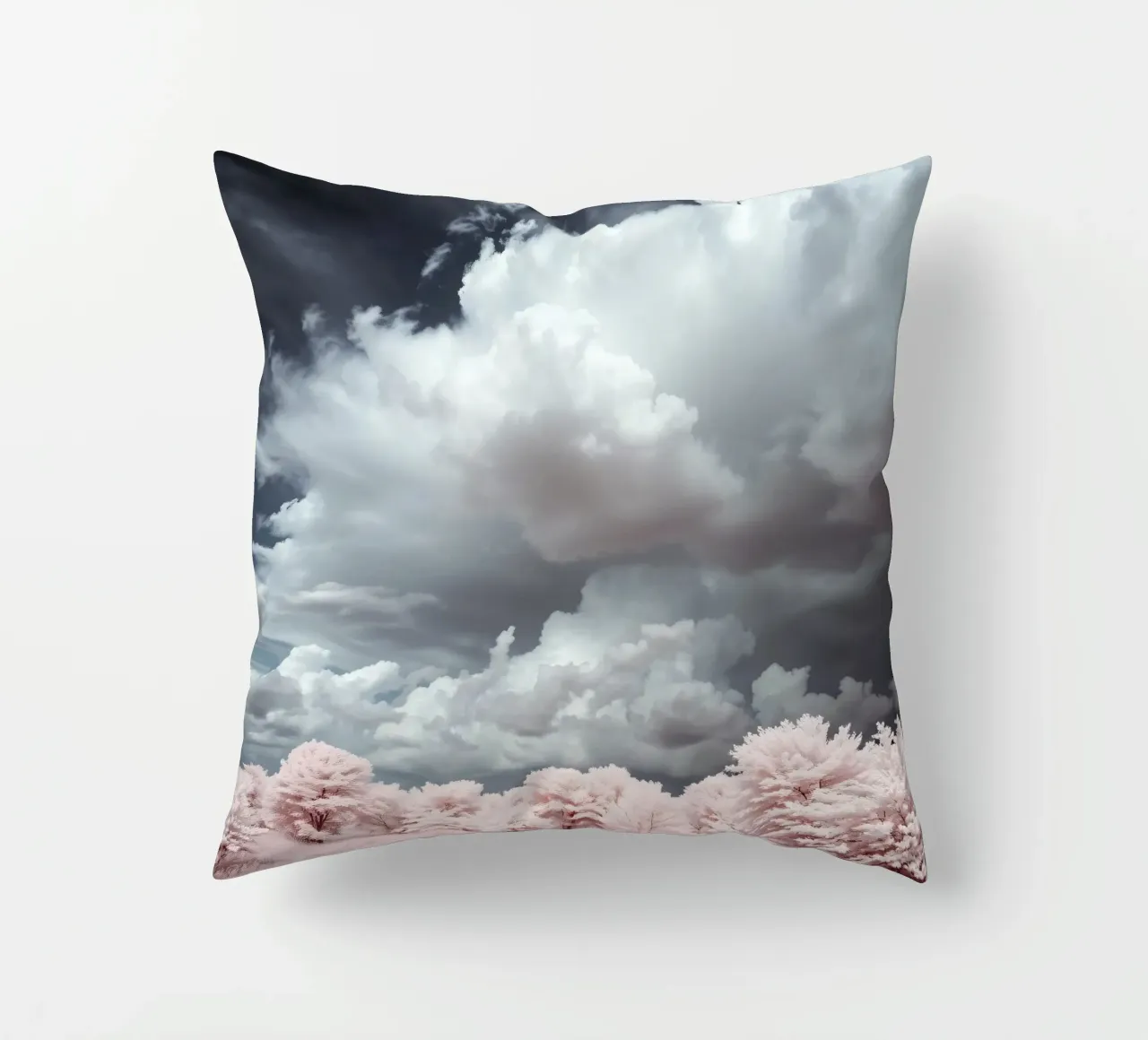 Dramatic clouds hover over pink-tinted trees in an enchantin decorative cushion by DesignDoodle