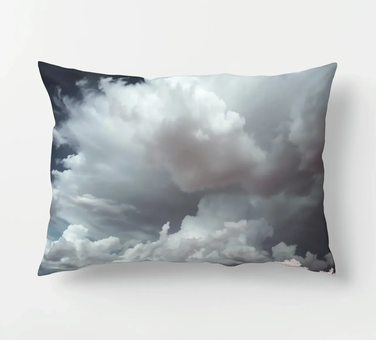 Dramatic clouds hover over pink-tinted trees in an enchantin decorative cushion by DesignDoodle
