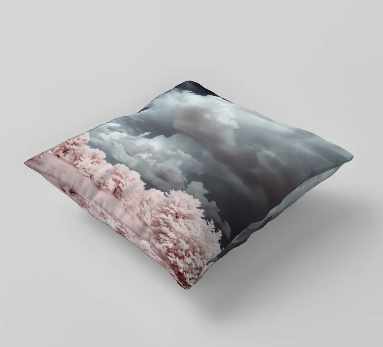Dramatic clouds hover over pink-tinted trees in an enchantin decorative cushion by DesignDoodle