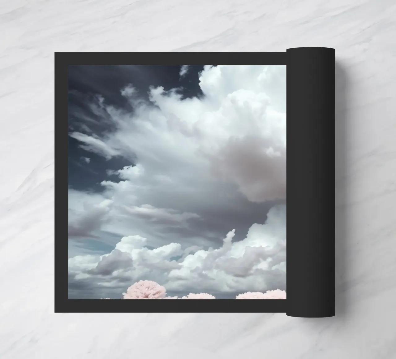 Dramatic clouds hover over pink-tinted trees in an enchantin doormat by DesignDoodle
