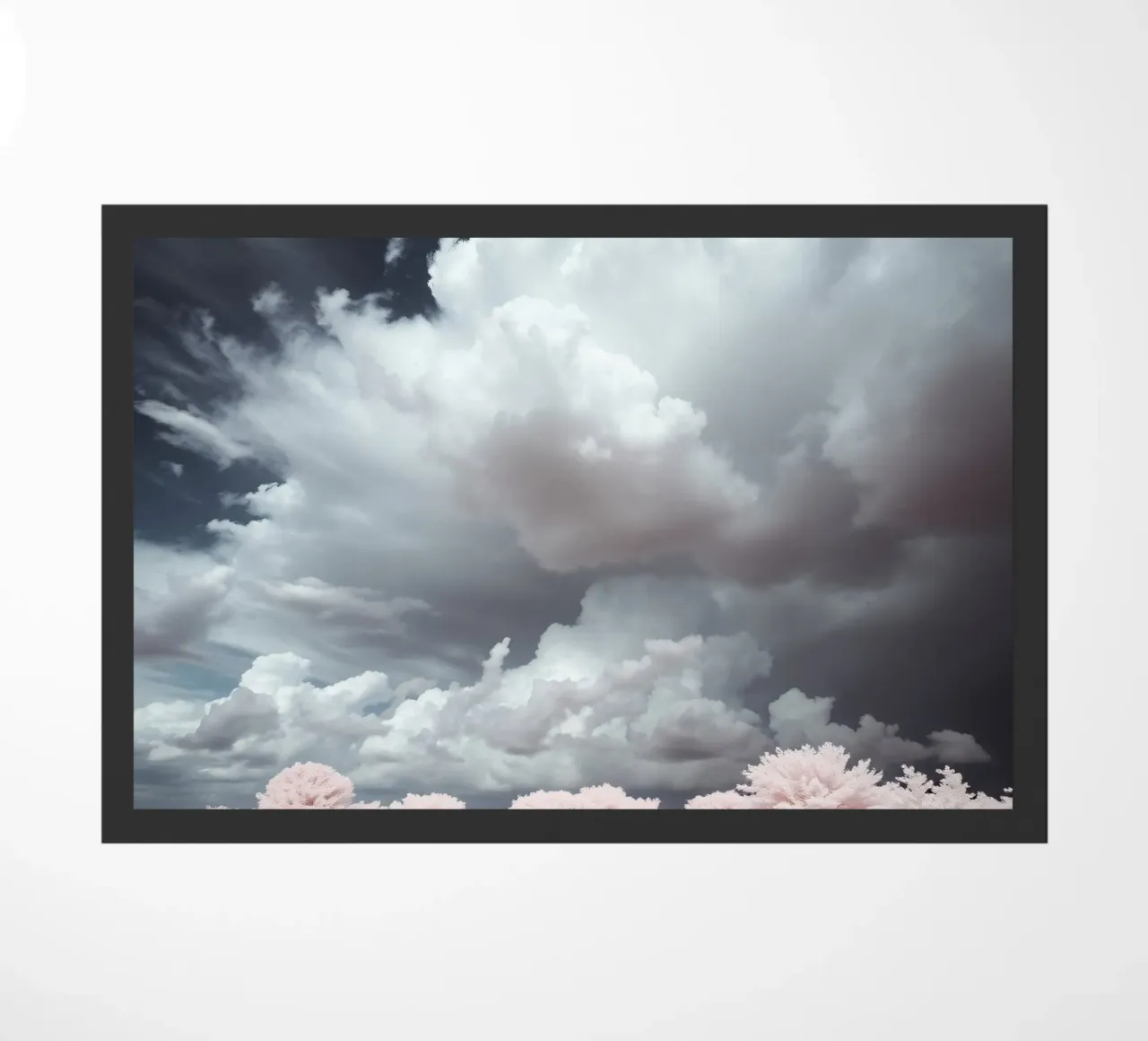 Dramatic clouds hover over pink-tinted trees in an enchantin doormat by DesignDoodle