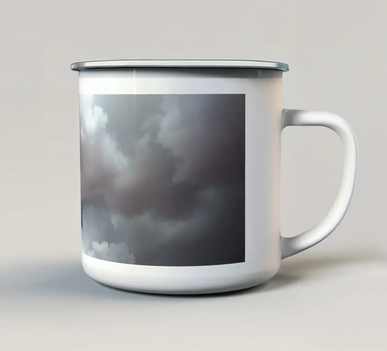 Dramatic clouds hover over pink-tinted trees in an enchantin enamel mug by DesignDoodle