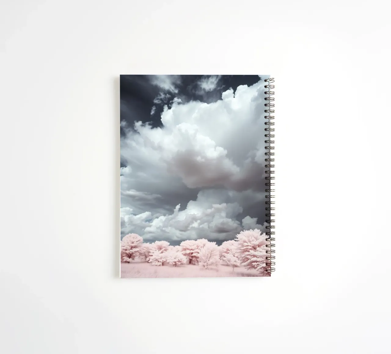 Dramatic clouds hover over pink-tinted trees in an enchantin spiral notebook by DesignDoodle