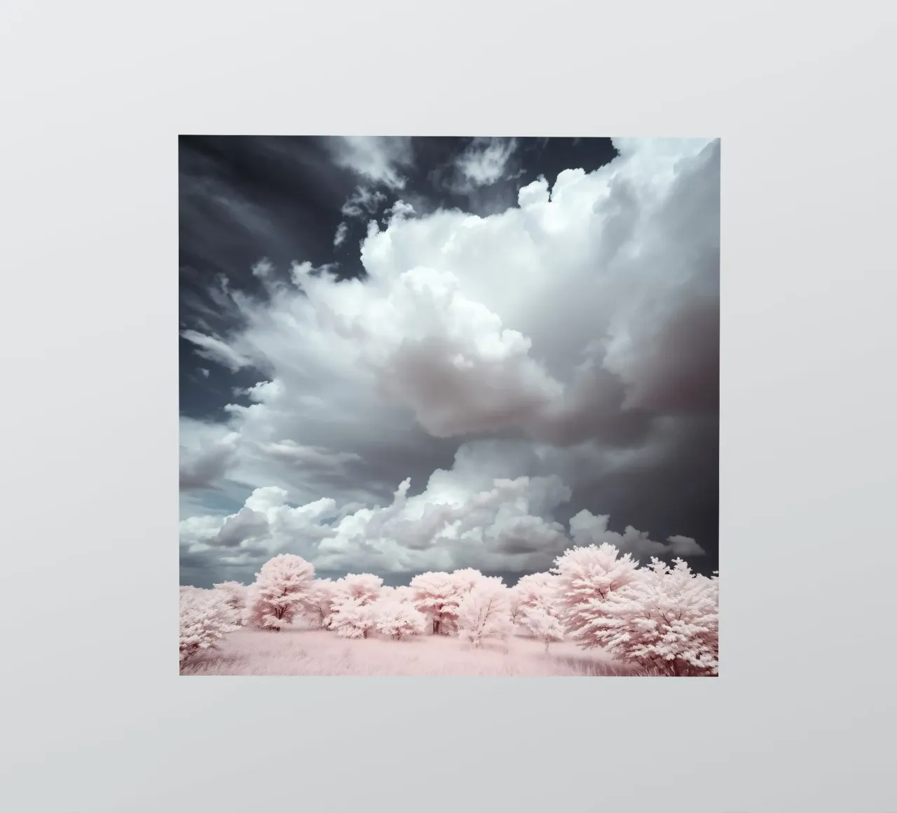 Dramatic clouds hover over pink-tinted trees in an enchantin sticker by DesignDoodle