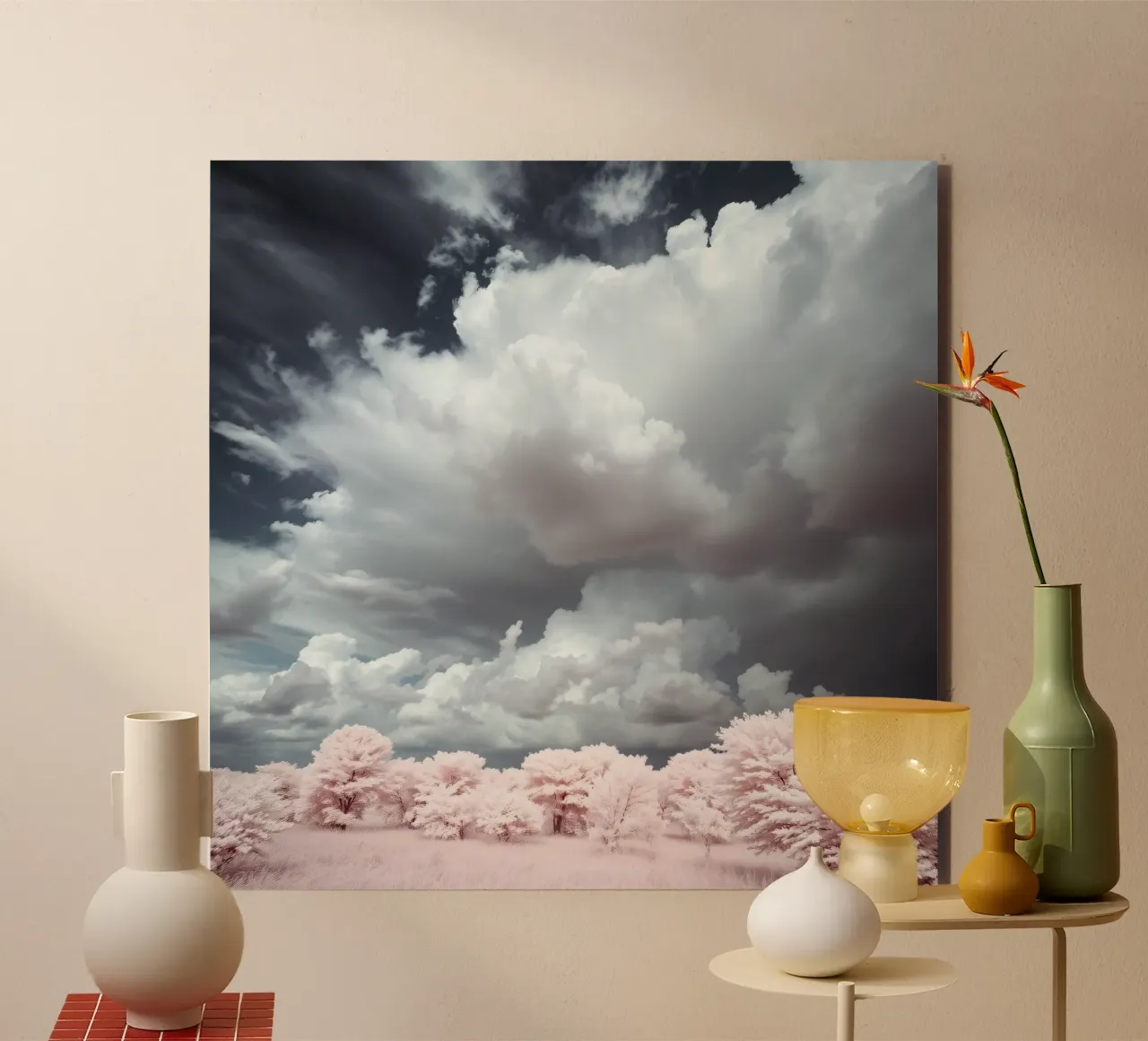 Dramatic clouds hover over pink-tinted trees in an enchantin alu-dibond by DesignDoodle