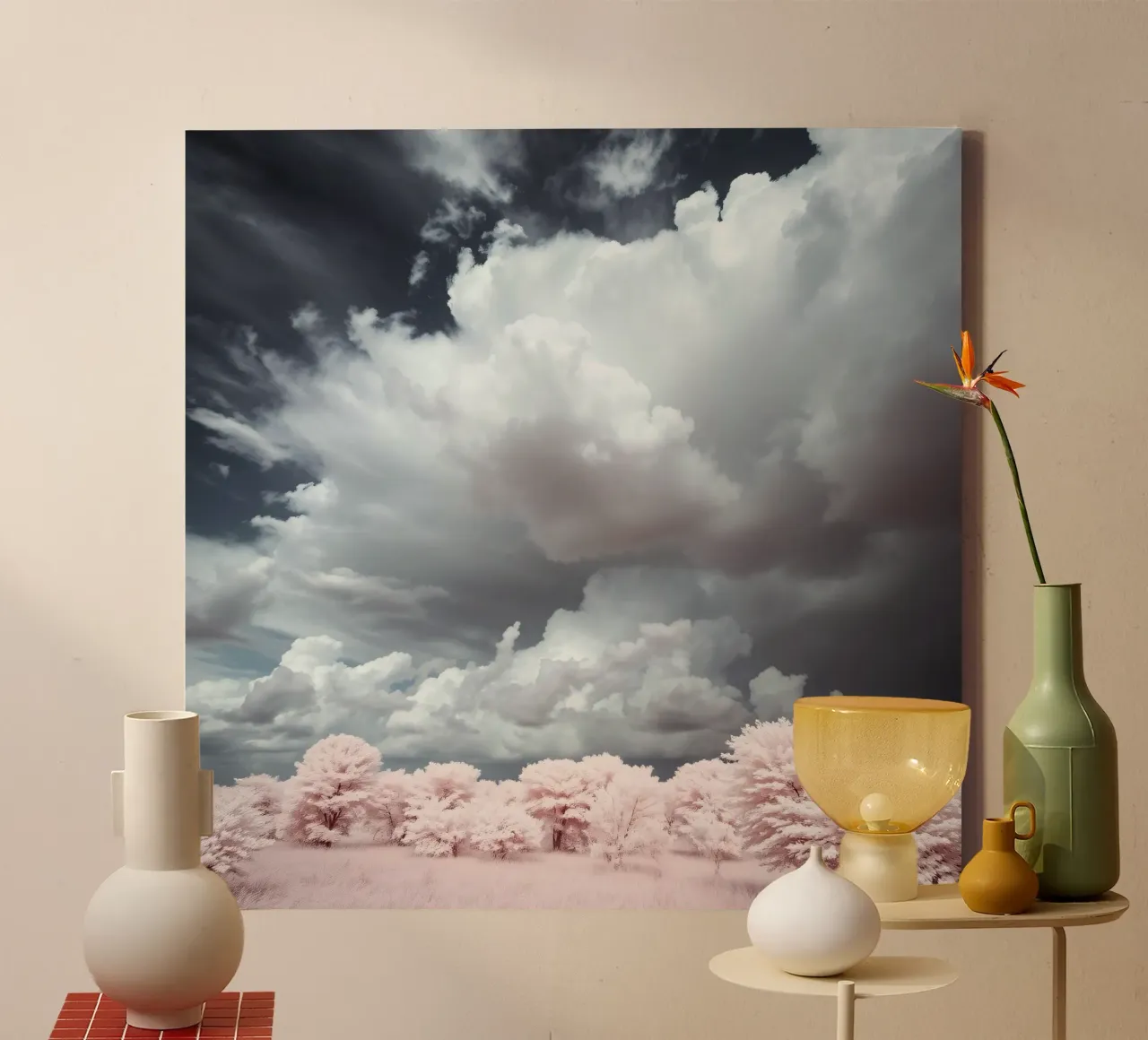 Dramatic clouds hover over pink-tinted trees in an enchantin canvas by DesignDoodle