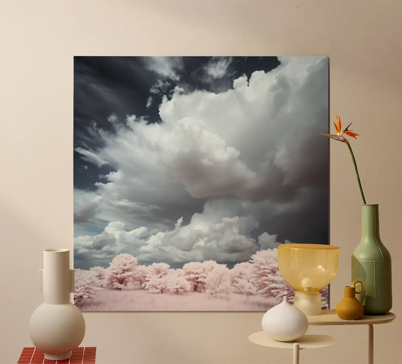 Dramatic clouds hover over pink-tinted trees in an enchantin hahnemühle by DesignDoodle