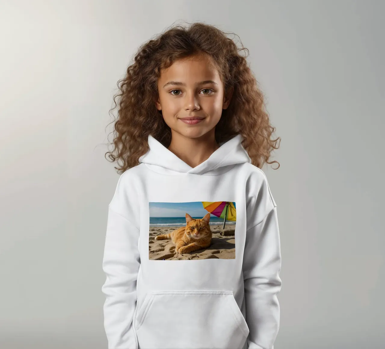 Gatto arancione che si rilassa sulla spiaggia sabbiosa sotto un ombrellone colorato felpa bambino con cappuccio da DesignDoodle