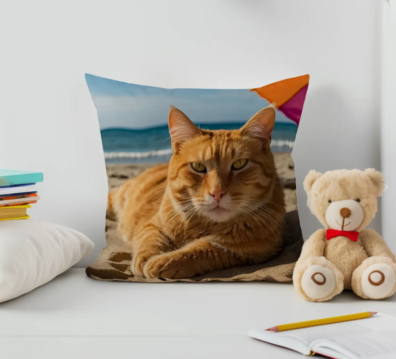 Gatto arancione che si rilassa sulla spiaggia sabbiosa sotto un ombrellone colorato cuscino da DesignDoodle