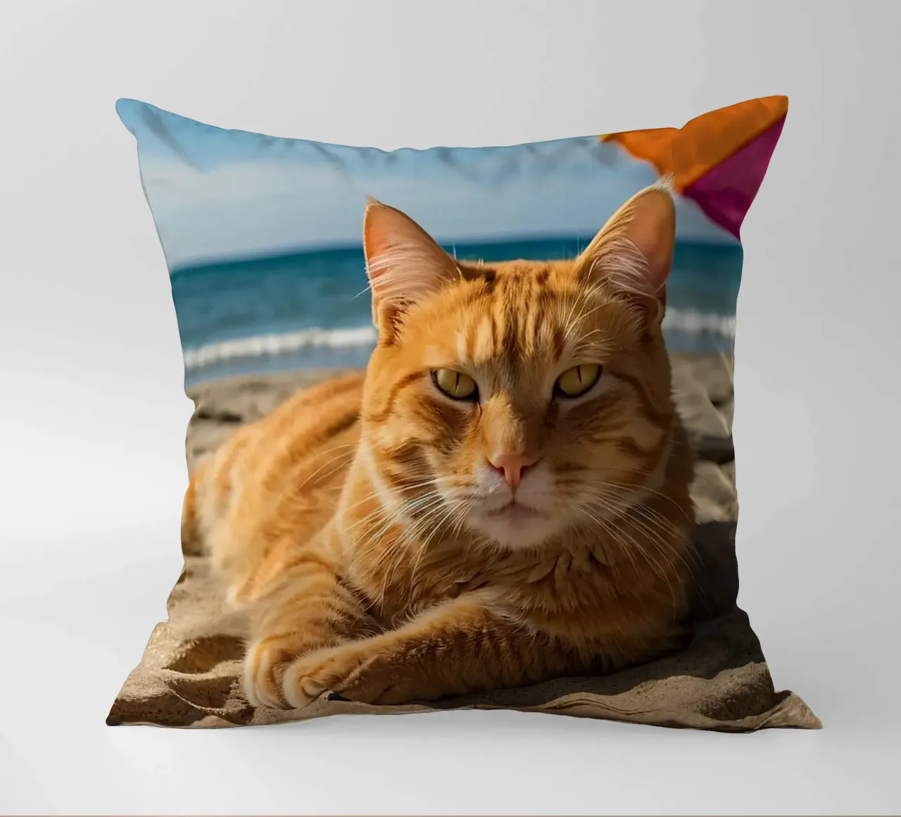 Gatto arancione che si rilassa sulla spiaggia sabbiosa sotto un ombrellone colorato cuscino da DesignDoodle
