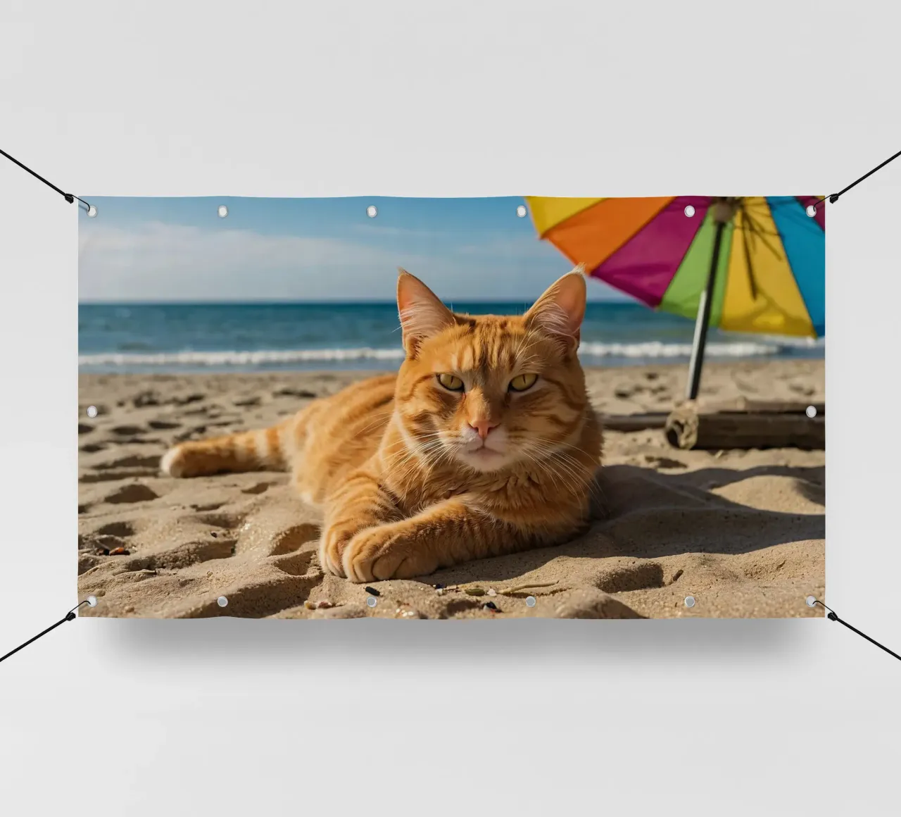 Gatto arancione che si rilassa sulla spiaggia sabbiosa sotto un ombrellone colorato telo in pvc da DesignDoodle