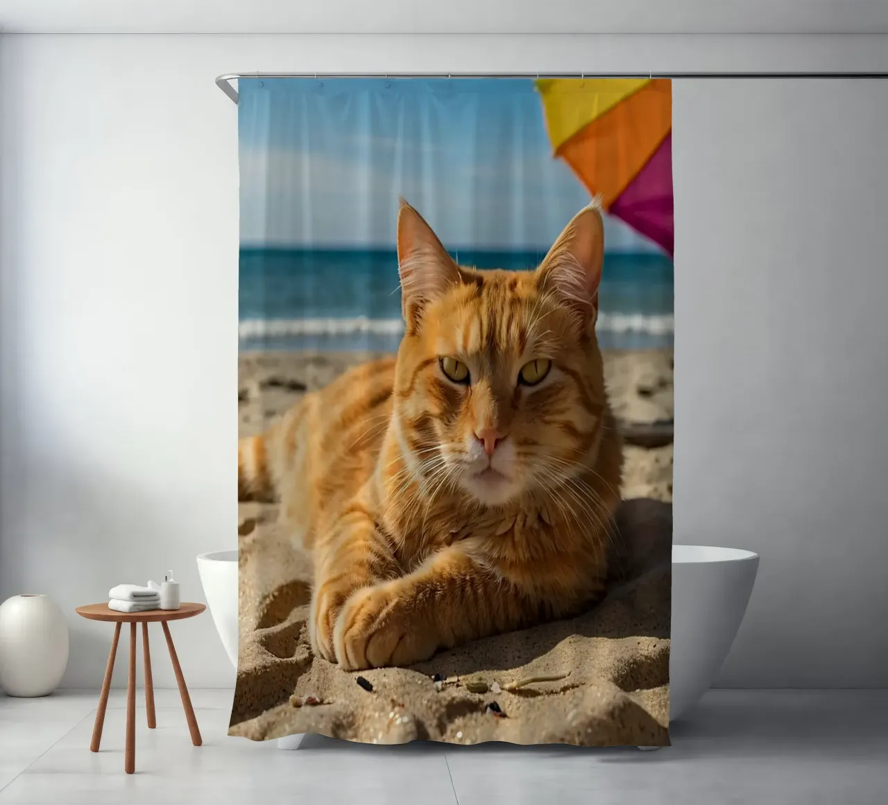 Gatto arancione che si rilassa sulla spiaggia sabbiosa sotto un ombrellone colorato tenda da doccia da DesignDoodle