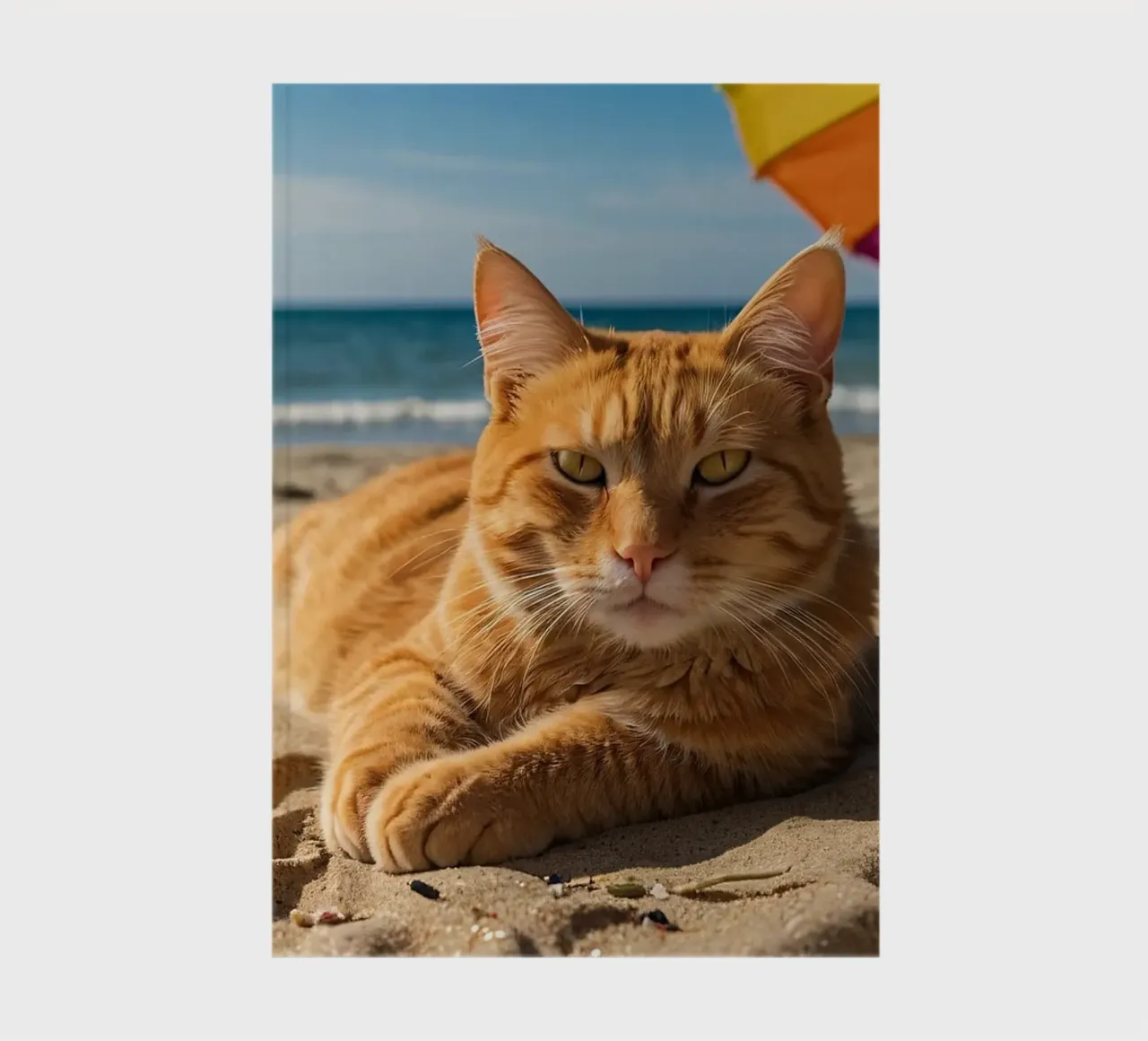 Gatto arancione che si rilassa sulla spiaggia sabbiosa sotto un ombrellone colorato diario da DesignDoodle