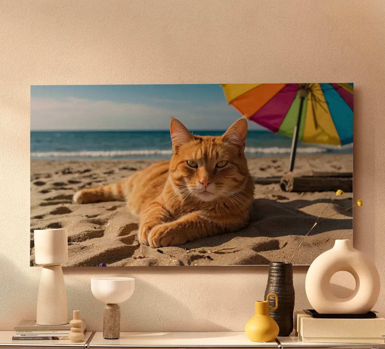 Gatto arancione che si rilassa sulla spiaggia sabbiosa sotto un ombrellone colorato alluminio dibond da DesignDoodle