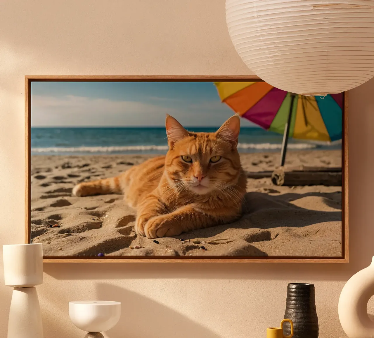 Gatto arancione che si rilassa sulla spiaggia sabbiosa sotto un ombrellone colorato tela con Cornice a cassetta da DesignDoodle