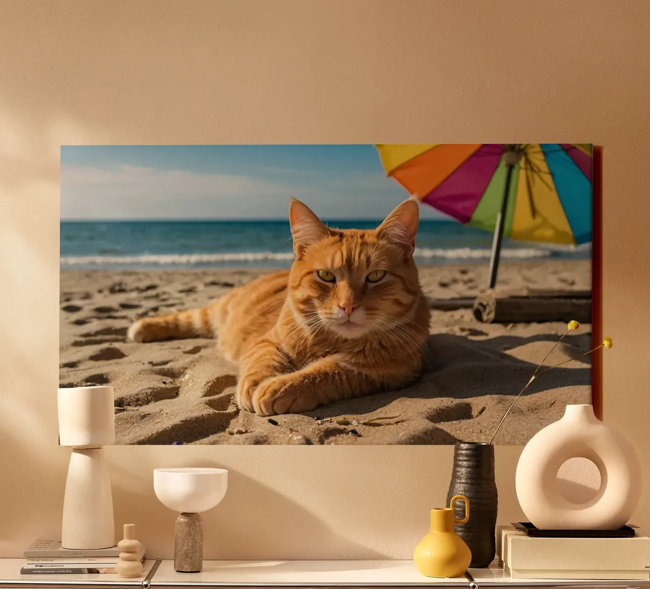 Gatto arancione che si rilassa sulla spiaggia sabbiosa sotto un ombrellone colorato tela con Cornice a cassetta da DesignDoodle