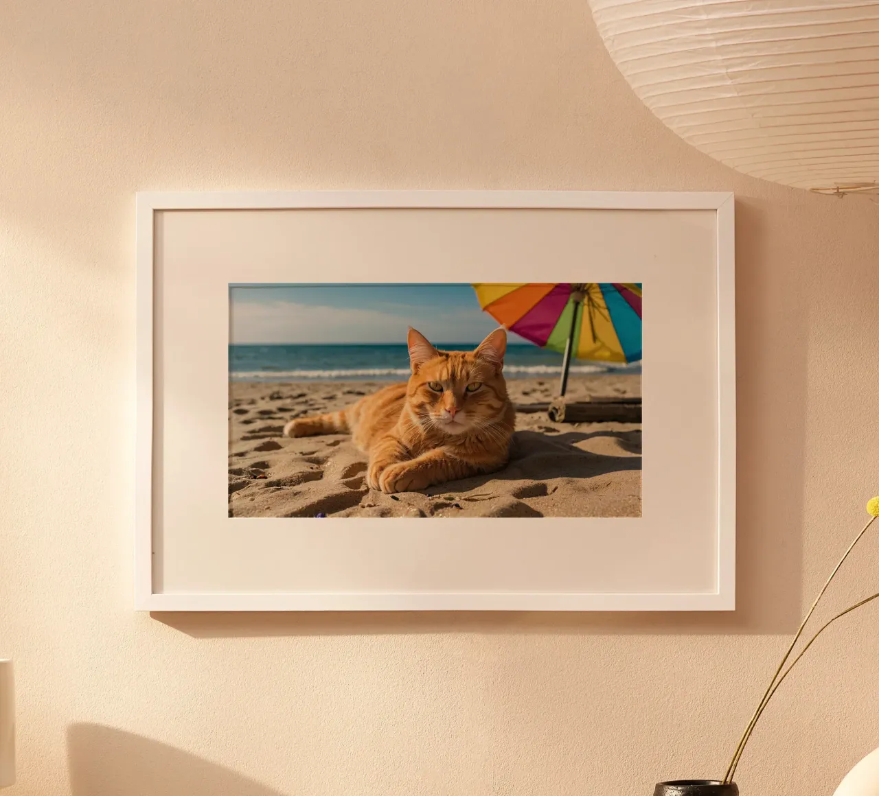 Gatto arancione che si rilassa sulla spiaggia sabbiosa sotto un ombrellone colorato poster da DesignDoodle