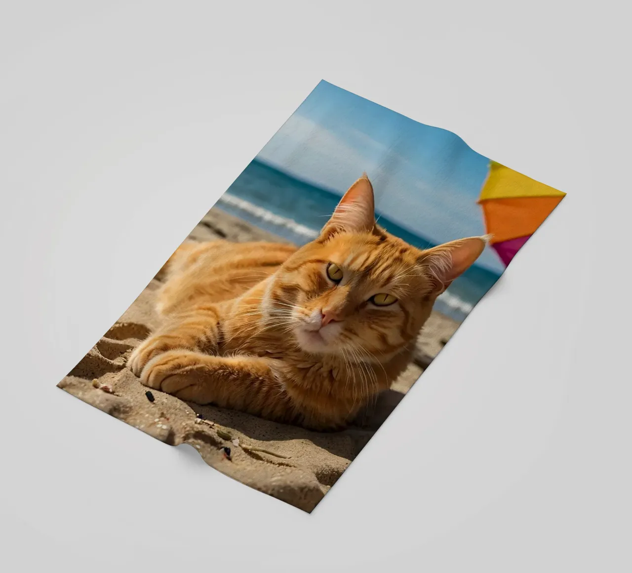 Gatto arancione che si rilassa sulla spiaggia sabbiosa sotto un ombrellone colorato telo mare da DesignDoodle