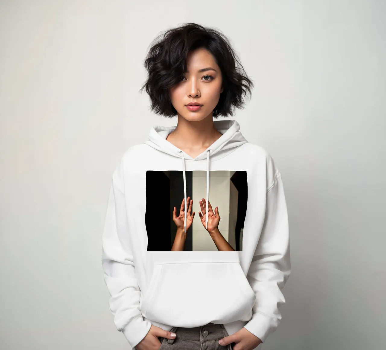 Mani protese verso la luce in un ambiente minimalista felpa con cappuccio da DesignDoodle