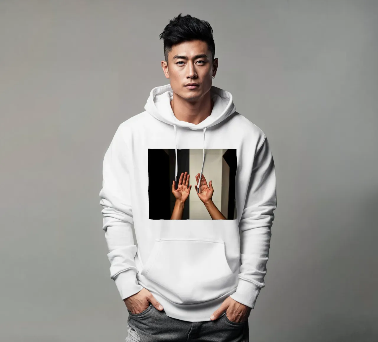 Mani protese verso la luce in un ambiente minimalista felpa con cappuccio da DesignDoodle