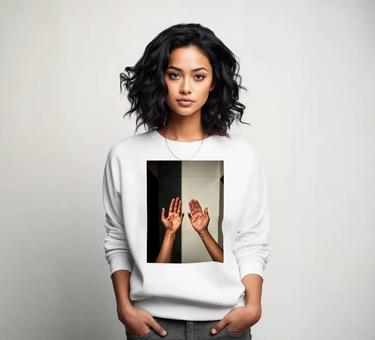 Mani protese verso la luce in un ambiente minimalista felpa da DesignDoodle