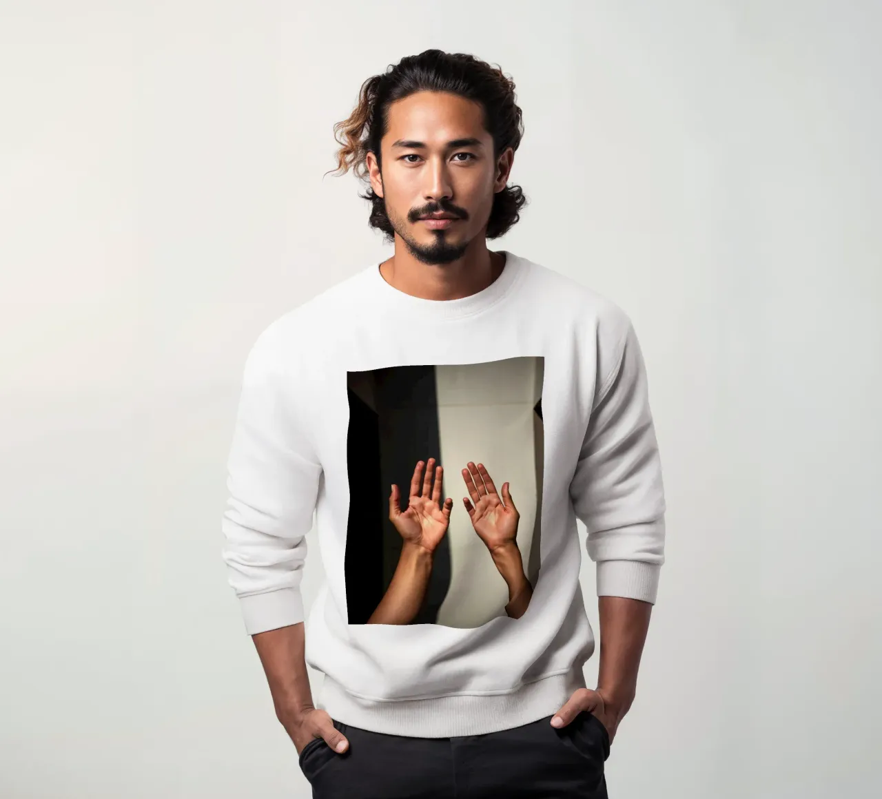 Mani protese verso la luce in un ambiente minimalista felpa da DesignDoodle