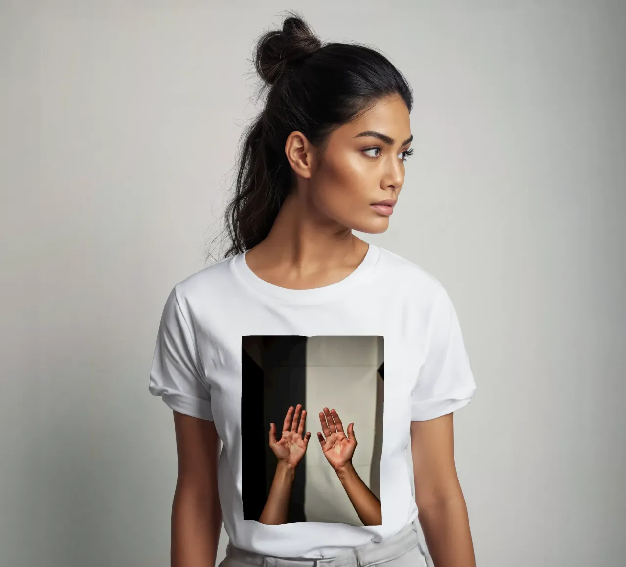 Mani protese verso la luce in un ambiente minimalista t-shirt da DesignDoodle