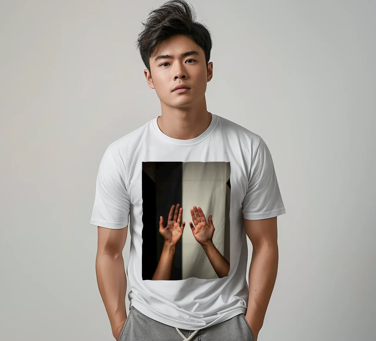 Mani protese verso la luce in un ambiente minimalista t-shirt da DesignDoodle