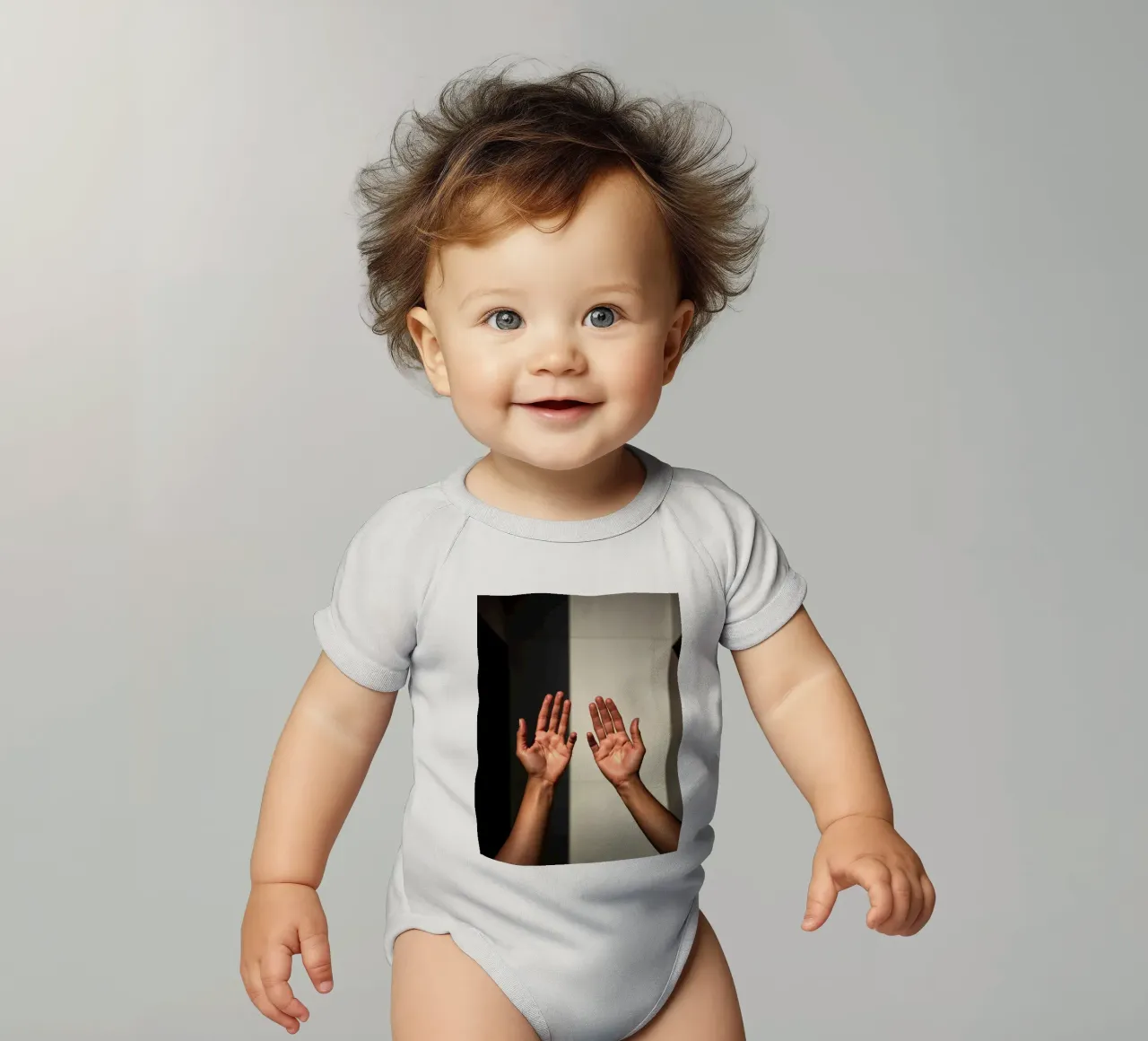 Hands reaching towards light in a minimalist setting short-sleeve baby romper by DesignDoodle