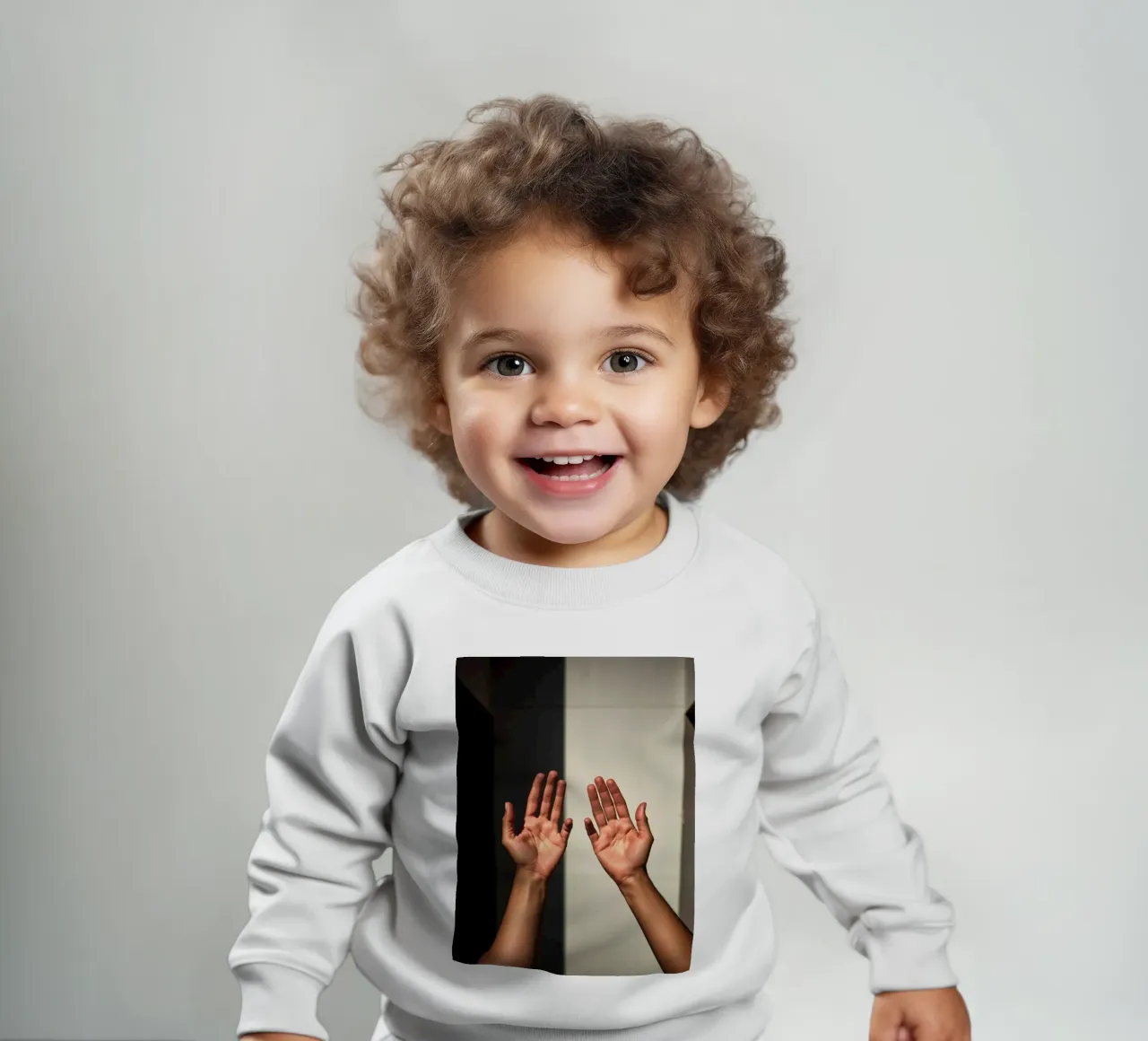 Mani protese verso la luce in un ambiente minimalista felpa neonato da DesignDoodle