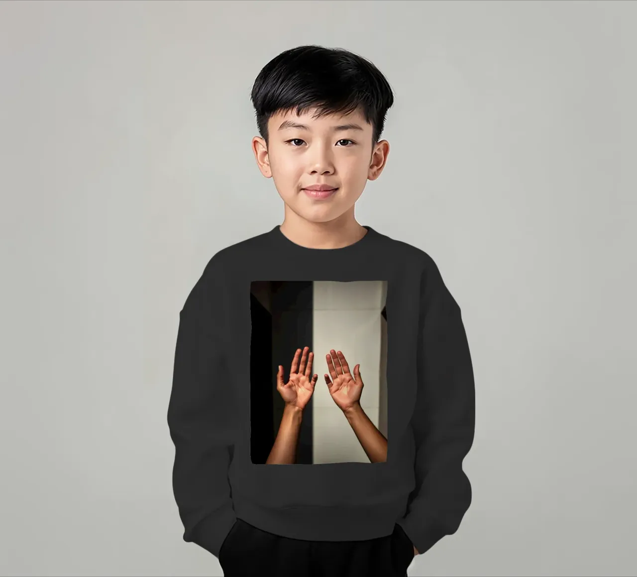 Mani protese verso la luce in un ambiente minimalista felpa bambino da DesignDoodle