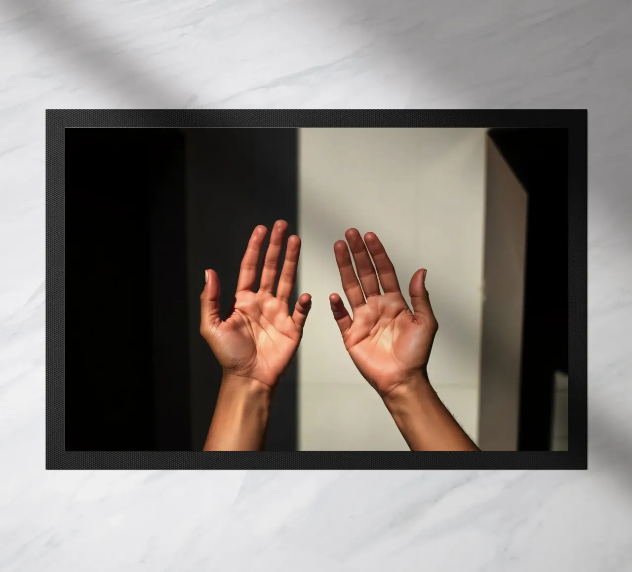 Hands reaching towards light in a minimalist setting doormat by DesignDoodle