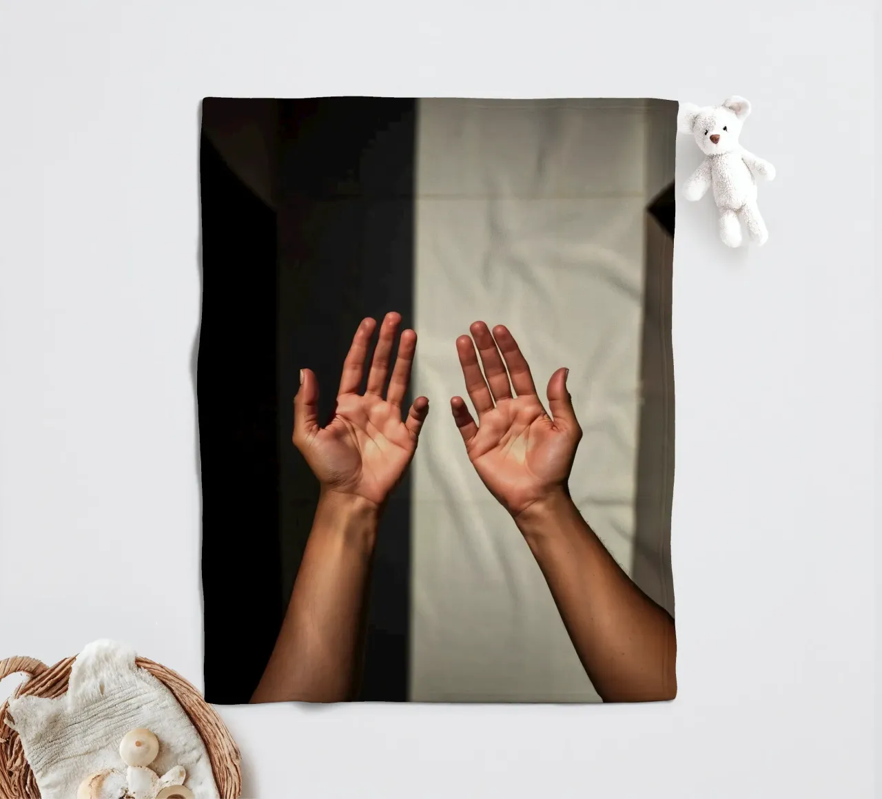 Hands reaching towards light in a minimalist setting fleece blanket by DesignDoodle