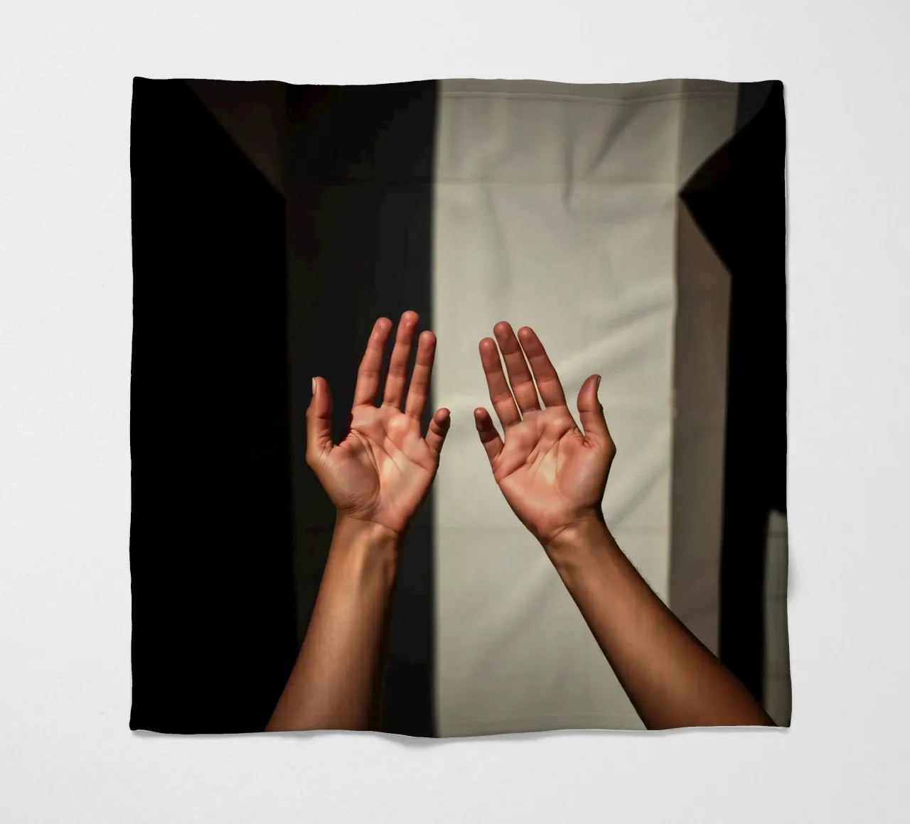 Hands reaching towards light in a minimalist setting fleece blanket by DesignDoodle